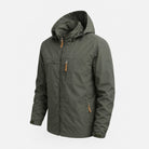 Olive green hooded windbreaker jacket with zip pockets, shown on mannequin form | Chaps London