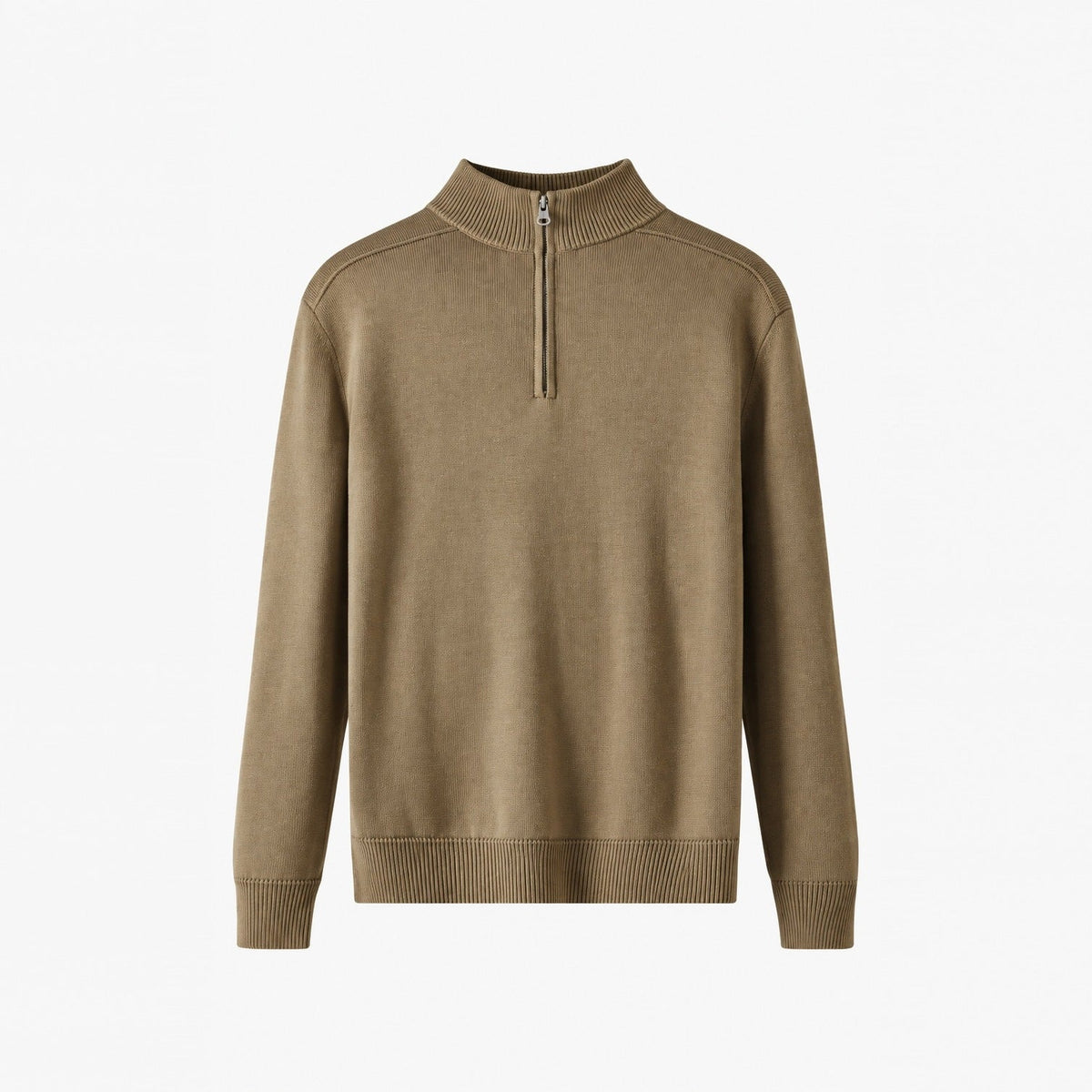 Olive green half zip jumper with high neck, shown flat | Chaps London