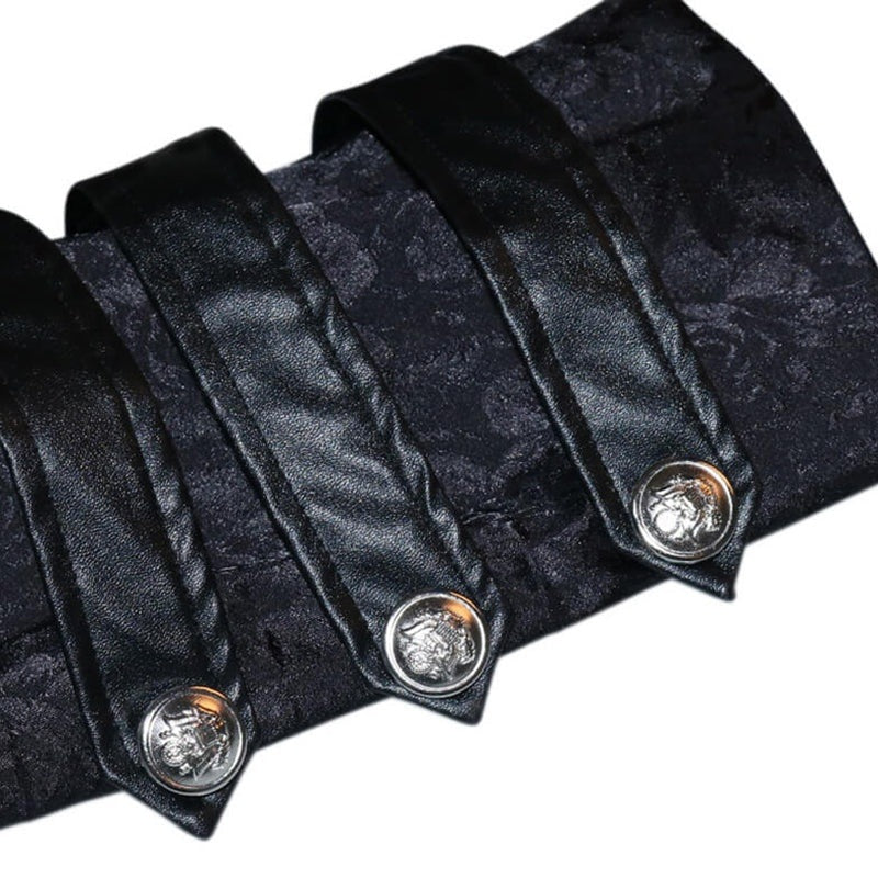 Black jacquard coat detail with three satin straps and silver snap buttons | Chaps London