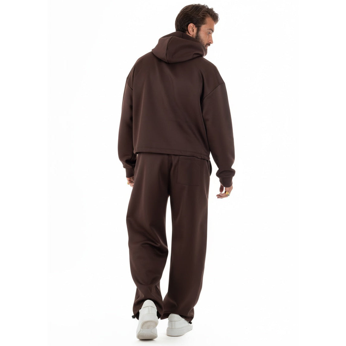 Men's Cropped Hoodie Set | Baggy Trousers | Brown