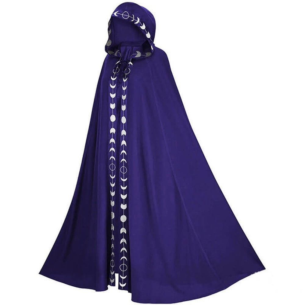 Purple hooded cloak with white moon phase trim, shown on mannequin | Chaps London