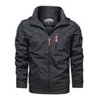 Black zip-up windbreaker jacket with stand collar, shown on mannequin | Chaps London