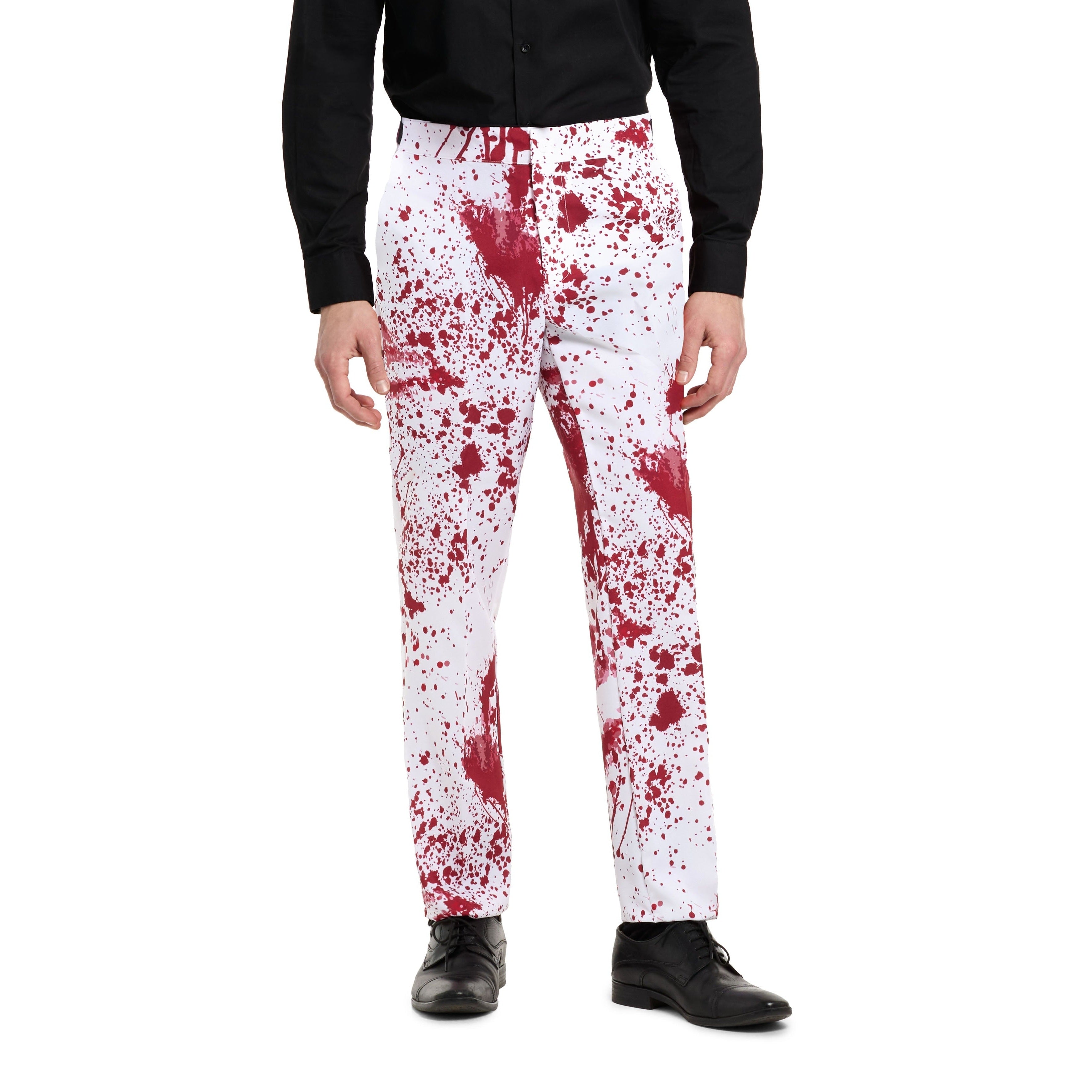 White trousers with red blood splatter pattern, worn by a person | Chaps London