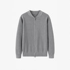 Gray ribbed knit zip cardigan with stand collar, shown flat | Chaps London