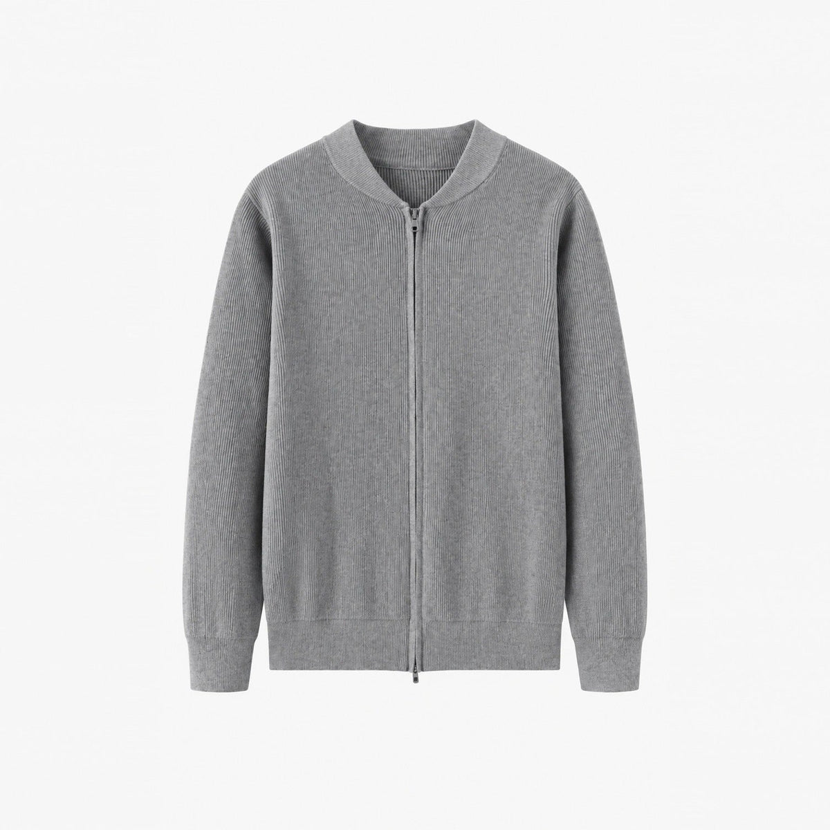 Gray ribbed knit zip cardigan with stand collar, shown flat | Chaps London
