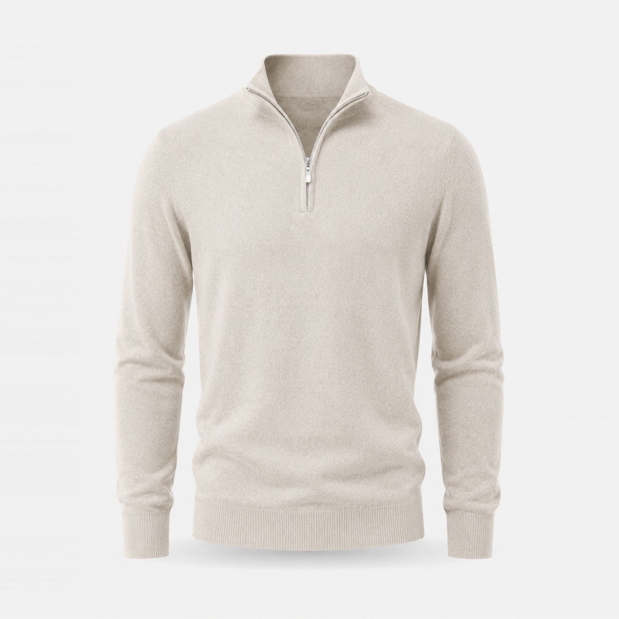 Beige quarter-zip sweater with stand collar, worn by a person | Chaps London