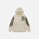 Cream hoodie with embroidered skeletal patchwork design, shown flat on display | Chaps London