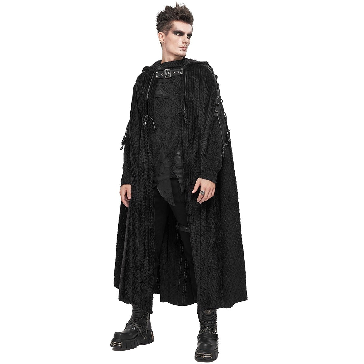 Man wearing black hooded cloak with buckle strap, full length view | Chaps London