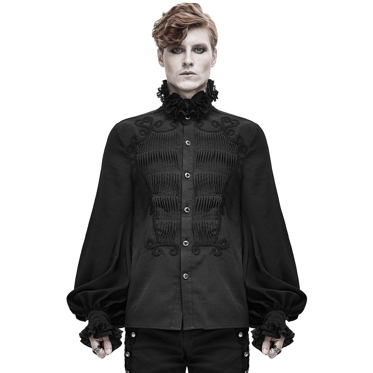 Black gothic shirt with ruffled lace collar, worn by a man | Chaps London