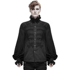 Black gothic shirt with ruffled lace collar, worn by a man | Chaps London