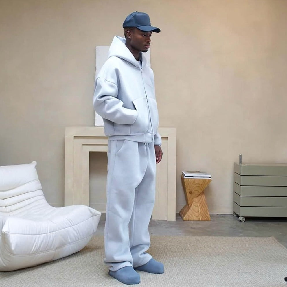 Man wearing light blue oversized zip hoodie and matching jogger sweatpants | Chaps London