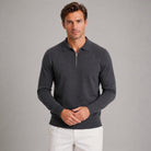 Man wearing charcoal grey quarter zip knit polo jumper, long sleeves | Chaps London
