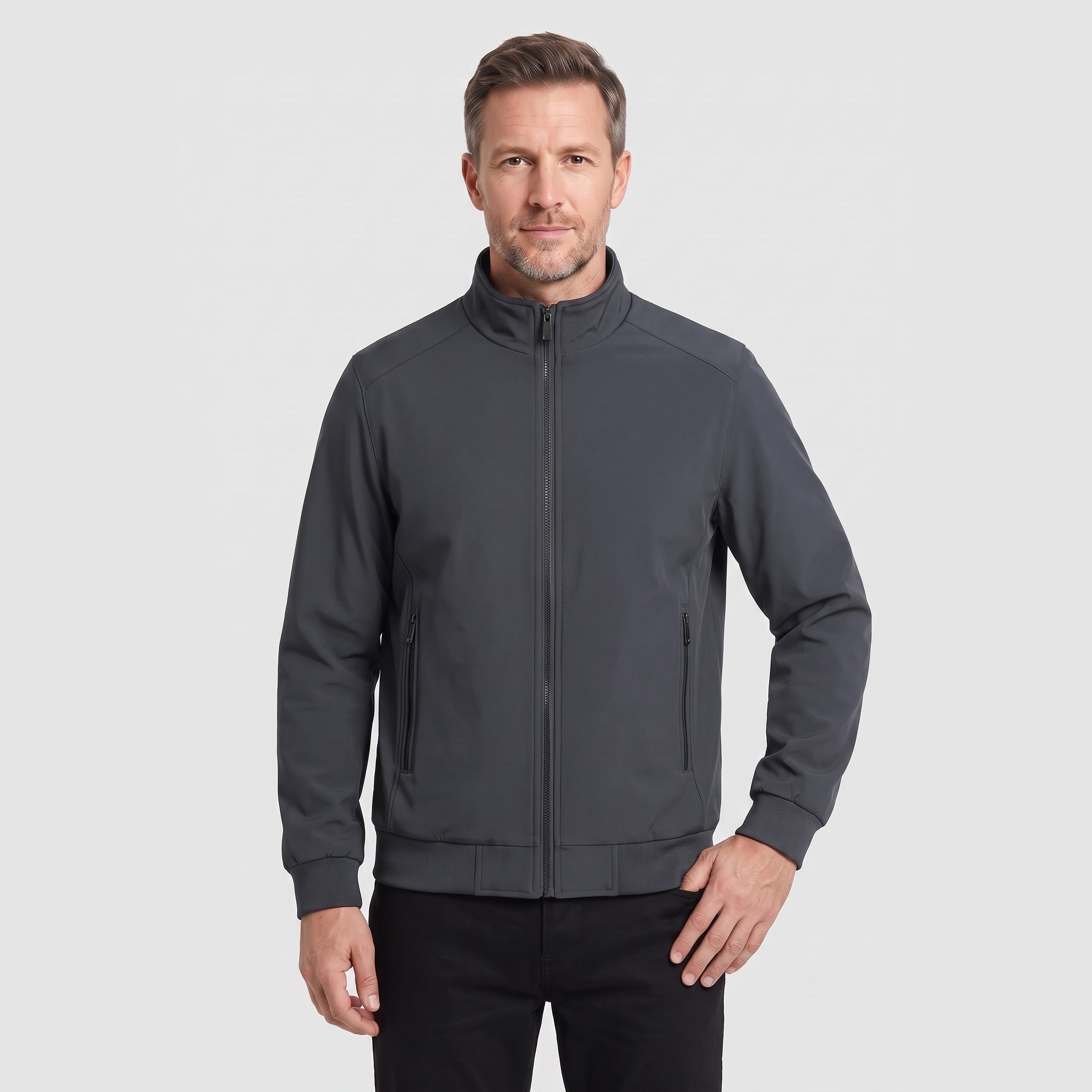 Man wearing dark grey zip-up jacket with stand collar, worn | Chaps London