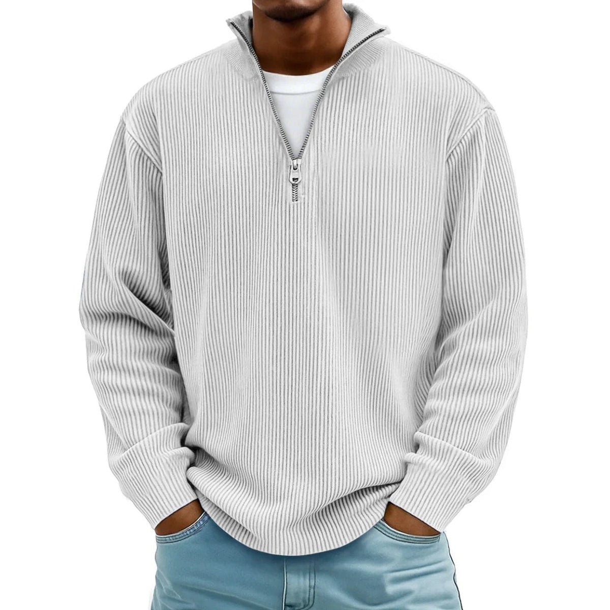 Man wearing light grey ribbed knit half-zip jumper over white shirt | Chaps London