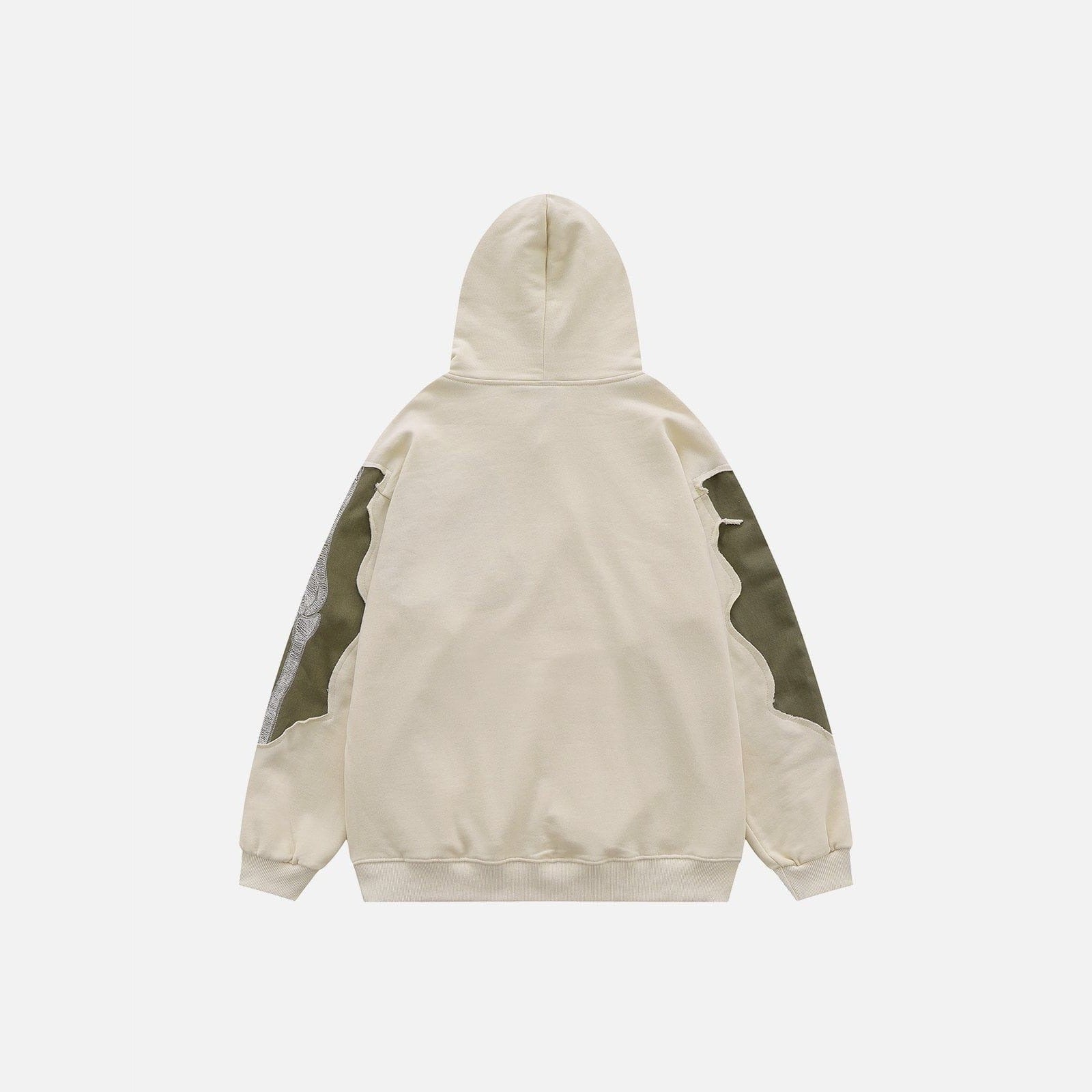 Beige hoodie with olive patchwork panels, back view, laid flat | Chaps London
