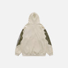 Beige hoodie with olive patchwork panels, back view, laid flat | Chaps London