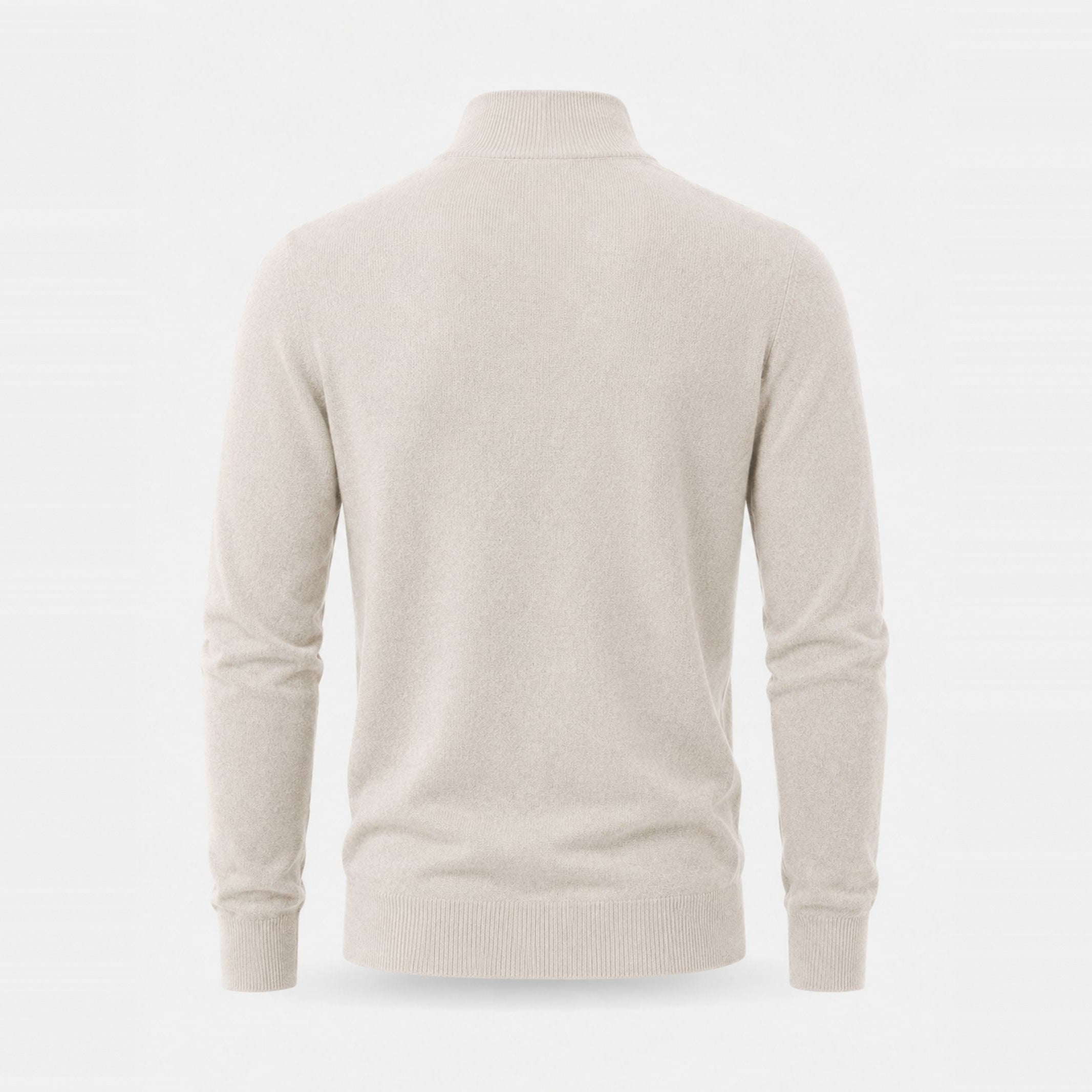 Beige quarter-zip sweater with stand collar, back view, worn by person | Chaps London