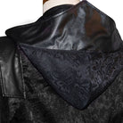Black jacquard hooded coat with shoulder cape, shown on mannequin | Chaps London