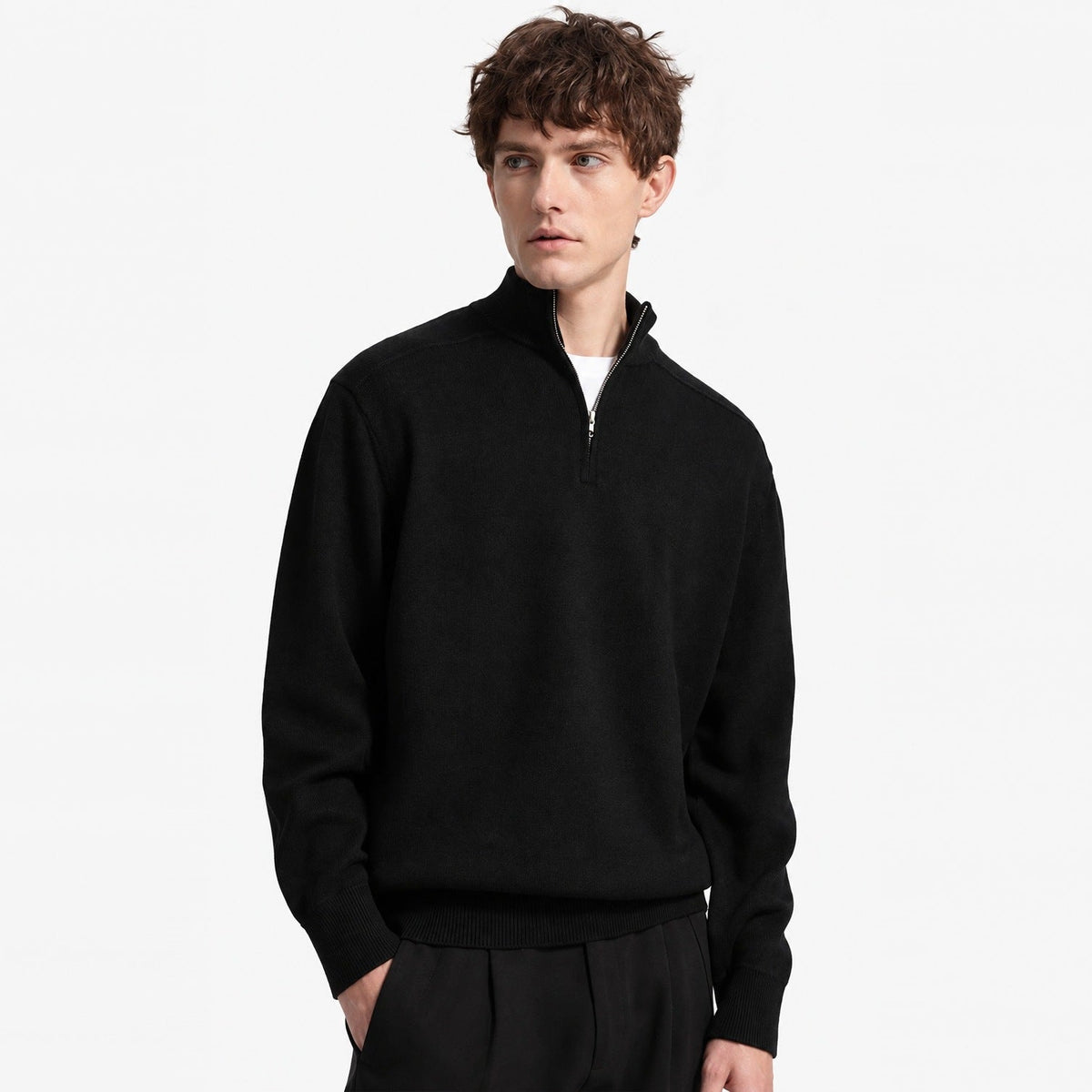 Black wool-blend half-zip jumper worn by man with black trousers | Chaps London