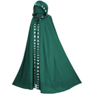 Green hooded cloak with silver moon phase trim, floor length, side view | Chaps London