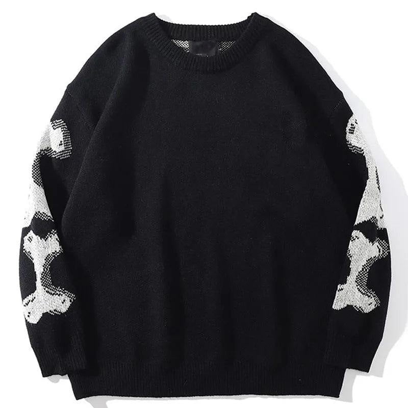 Black knit sweater with white bone pattern on sleeves, worn flat | Chaps London