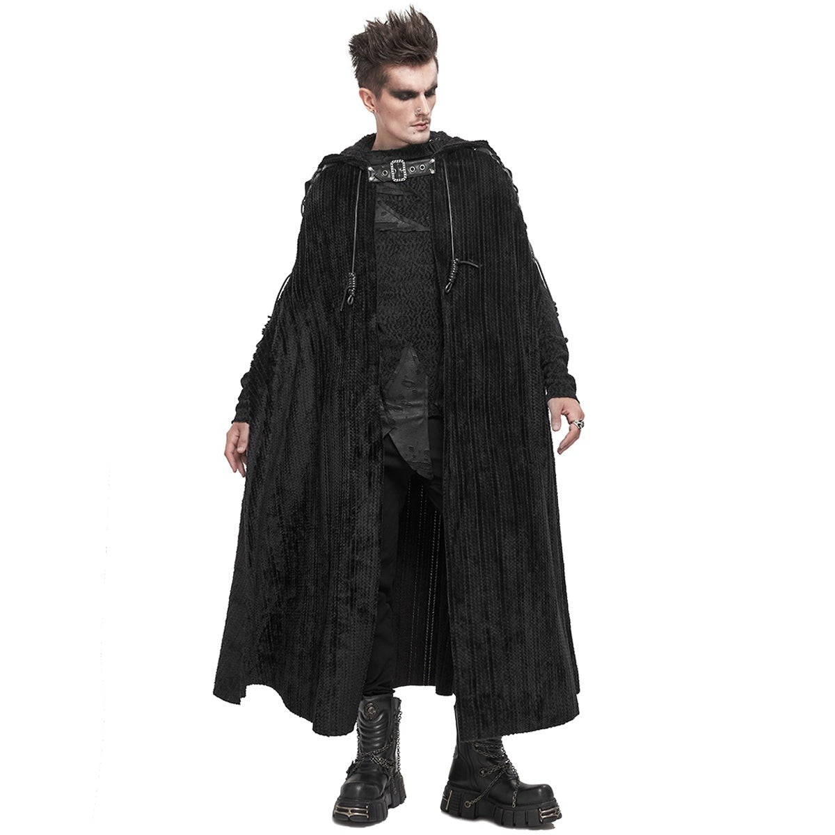 Man wearing black ribbed gothic hooded cloak with buckle strap detail | Chaps London