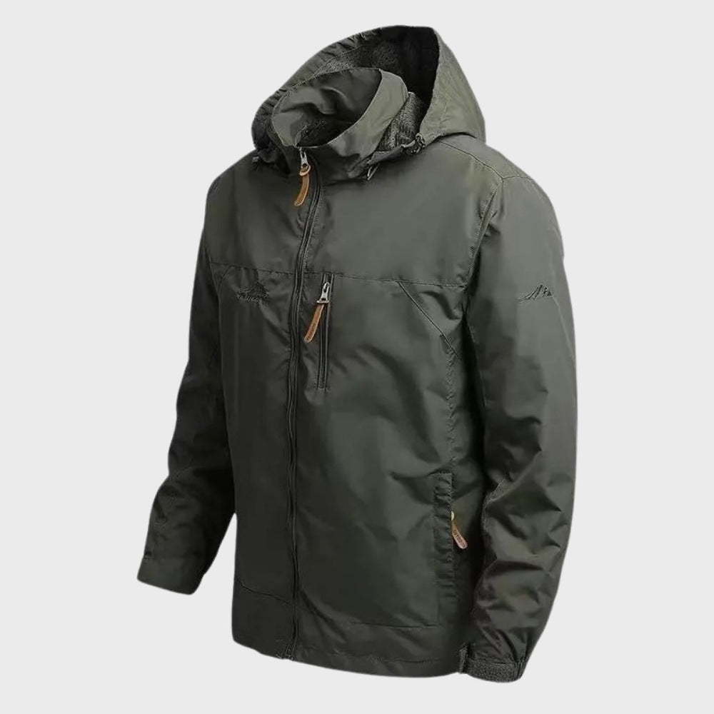 Olive green hooded rain jacket with zip pockets, shown on mannequin | Chaps London
