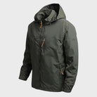 Olive green hooded rain jacket with zip pockets, shown on mannequin | Chaps London