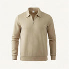 Beige textured knit half-zip polo sweater with long sleeves, shown flat | Chaps London