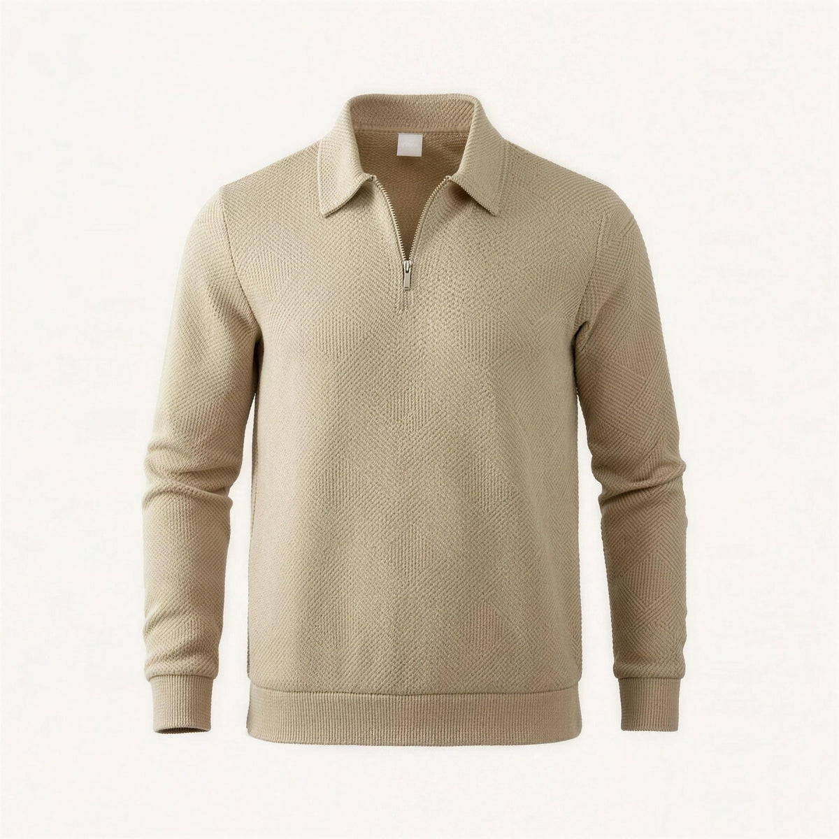 Beige textured knit half-zip polo sweater with long sleeves, shown flat | Chaps London
