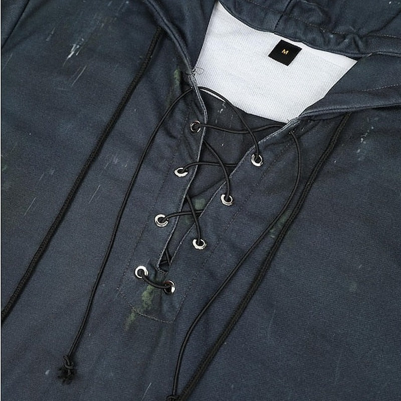 Dark gray hoodie with black lace-up neck detail, flat lay view | Chaps London