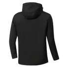 Black hooded jacket back view shown on mannequin, long sleeves, plain fabric | Chaps London