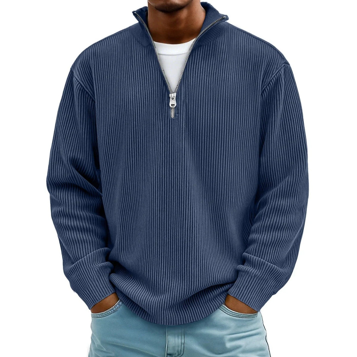 Man wearing navy blue ribbed knit half-zip sweater with light denim jeans | Chaps London