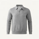 Gray textured knit half-zip polo sweater with ribbed collar, shown flat | Chaps London