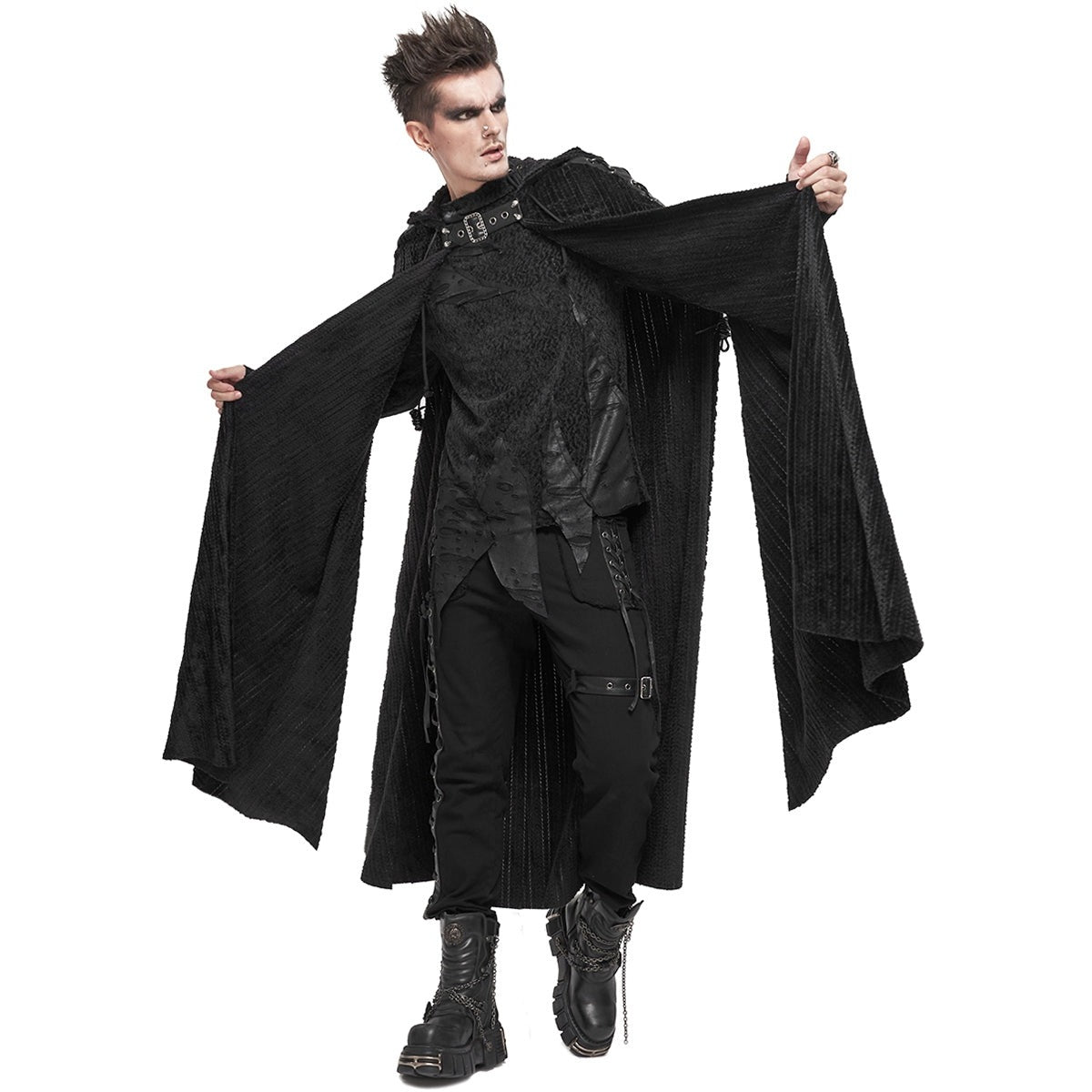 Man wearing black textured gothic cloak with hood, arms outstretched | Chaps London