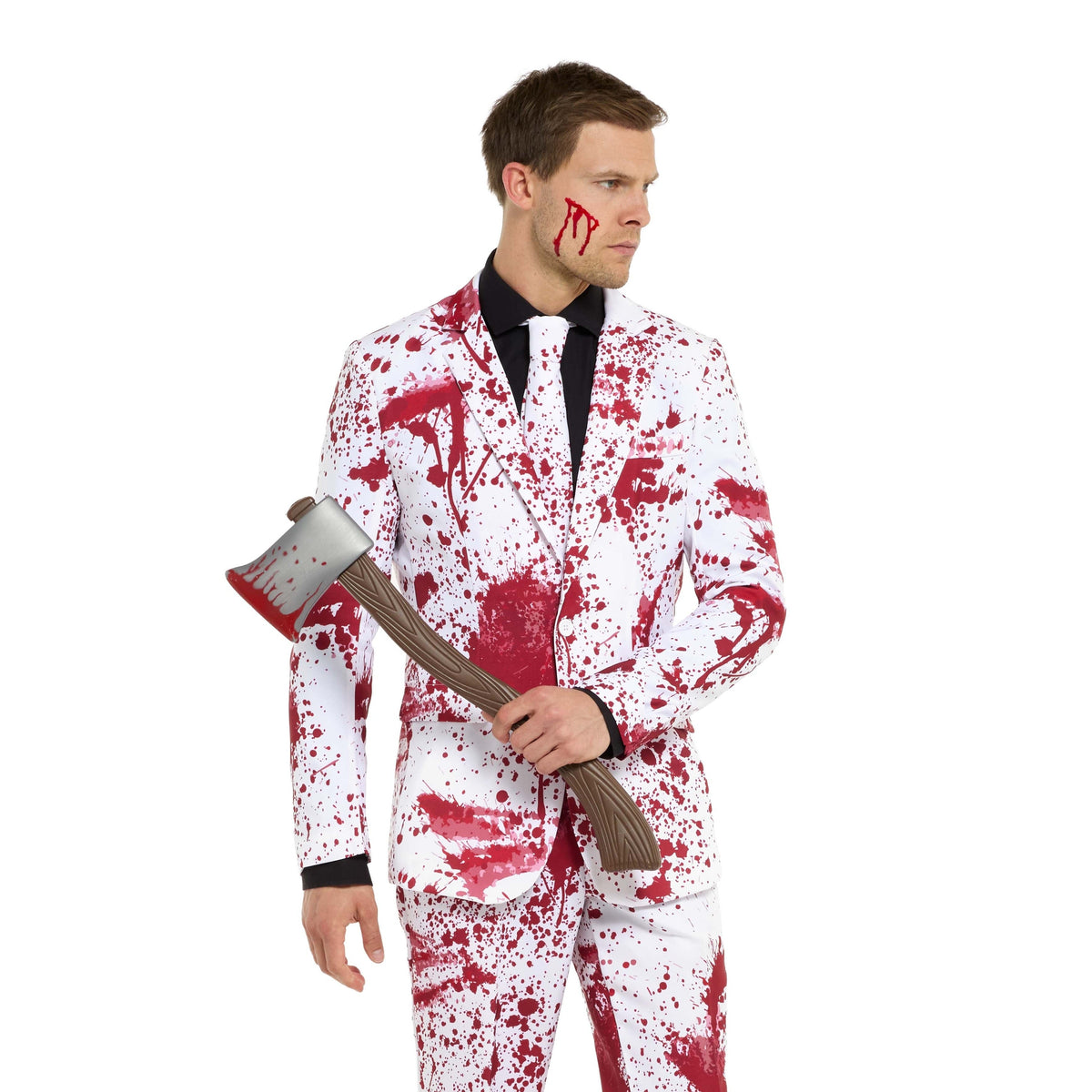 Man wearing white blood splatter suit with tie, holding toy axe | Chaps London