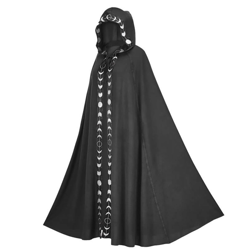 Black hooded cloak with silver moon phase trim, worn by person | Chaps London