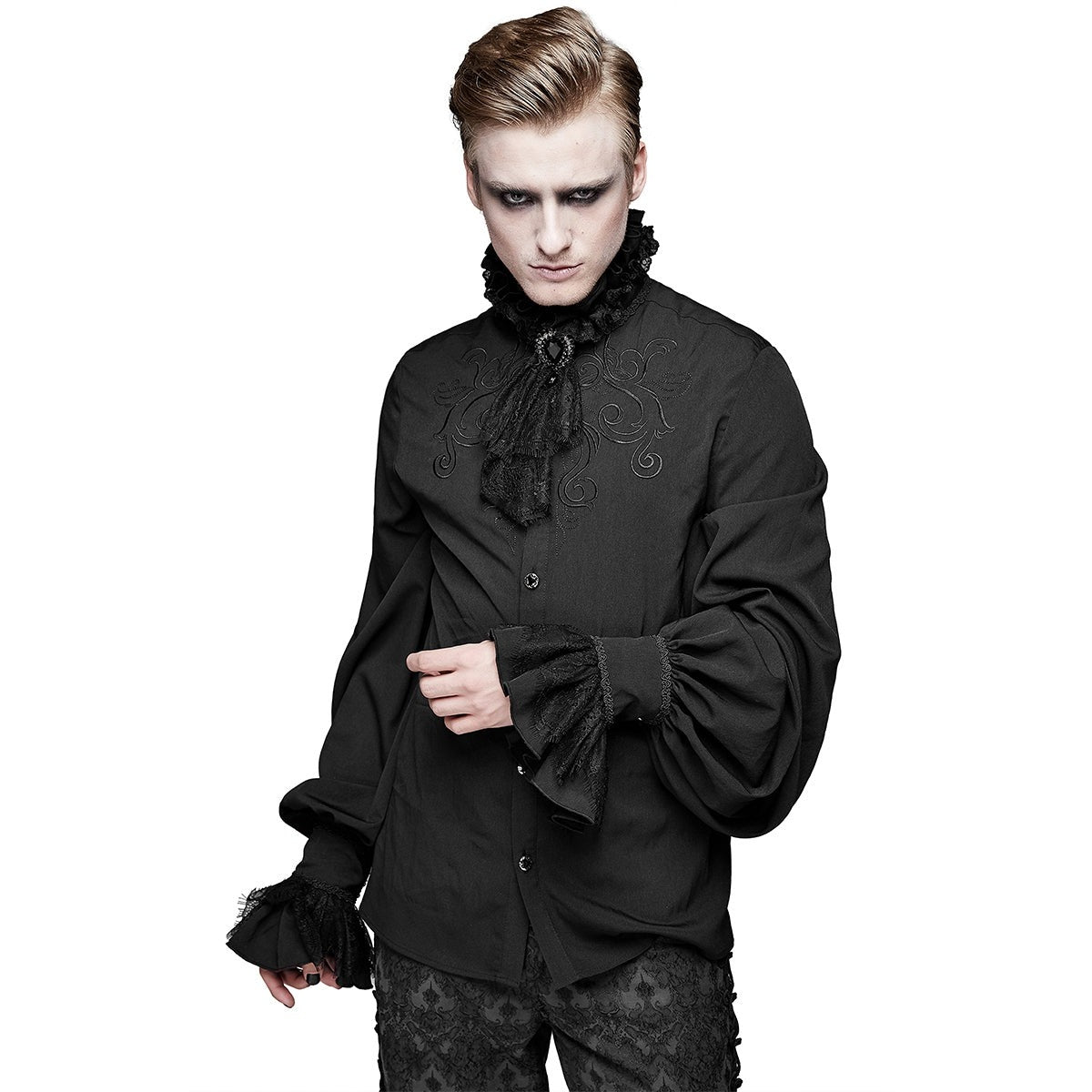 Black gothic shirt with embroidery and ruffled cravat, worn by male model | Chaps London
