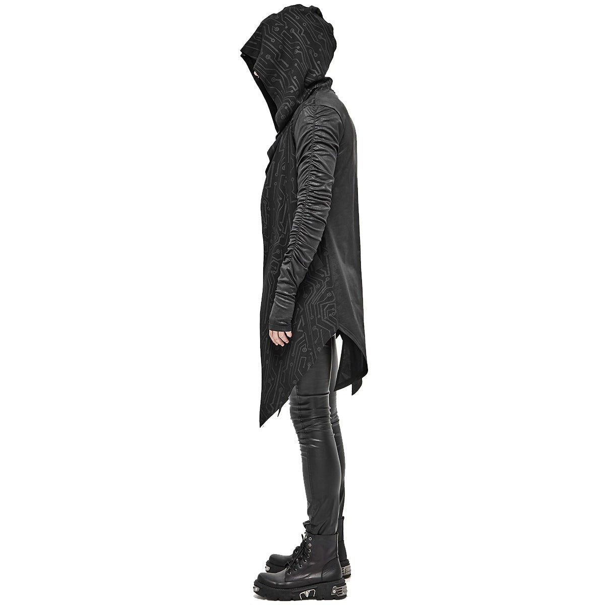 Black hooded cardigan with circuit print, worn by a standing man | Chaps London