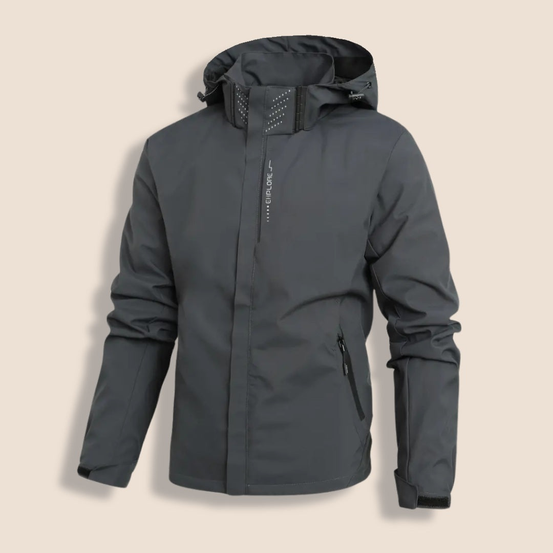 Gray waterproof hooded rain jacket with zip pockets, shown on mannequin | Chaps London