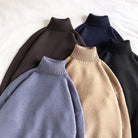 Five oversized roll neck sweaters in brown, navy, blue, tan, black, flat lay | Chaps London
