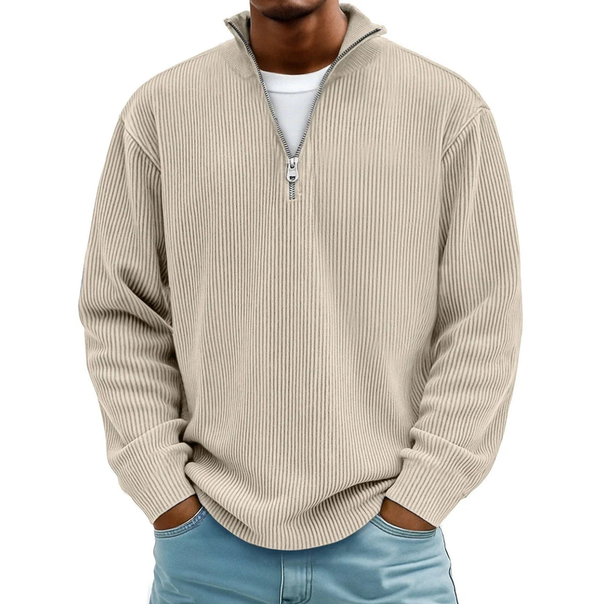 Beige ribbed knit half-zip sweater worn by man with light jeans | Chaps London