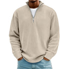 Beige ribbed knit half-zip sweater worn by man with light jeans | Chaps London