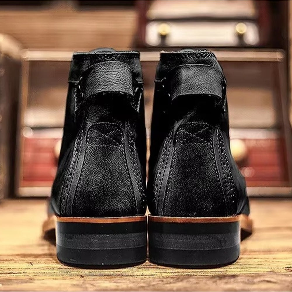 Black ankle boots rear view, stacked heel, displayed on wooden surface | Chaps London
