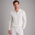 Man wearing cream quarter-zip polo jumper with matching trousers, fine knit texture | Chaps London