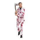Man wearing white blood-splattered suit jacket, trousers, and tie, holding axe prop | Chaps London