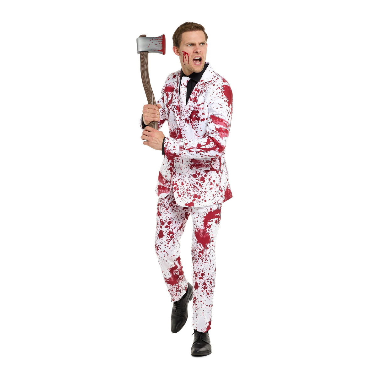 Man wearing white blood-splattered suit jacket, trousers, and tie, holding axe prop | Chaps London