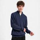 Man wearing navy half-zip jumper with ribbed cuffs and high neck | Chaps London