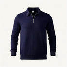 Navy blue textured knit quarter-zip polo sweater displayed flat on background | Chaps London