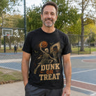 Man wearing black graphic t-shirt with skeleton basketball design, standing outdoors on court | Chaps London